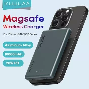 Kuulaa Magnetic Power Bank, складное беспроводное портативное зарядное устройство емкостью 10000 мАч со светодиодным дисплеем, быстрая зарядка PD 20 Вт для iPhone 16/Pro Max/Plus/Mini серый