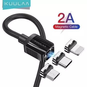 KUULAA Магнитный USB-кабель для быстрой зарядки Кабель Micro Type C Магнитное зарядное устройство Провод для зарядки данных Кабель для мобильного телефона Шнур для iPhone 8 X 7 samsung xiaomi 9 1M + USB C чёрный