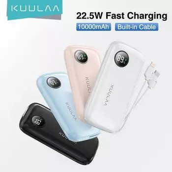 KUULAA Power Bank емкостью 10 000 мАч с кабелями для быстрой зарядки Встроенный кабель Qucik Charge Power Bank PowerBank мощностью 22,5 Вт для быстрой зарядки iPhone 14 и полной серии синий