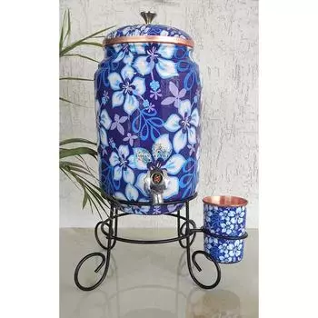 Кувшин для воды из чистой меди с синим цветочным принтом, с латунным краном и медным стаканом и подставкой, для хранения и подачи воды, объем - 5 литров