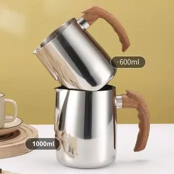 Кувшин для вспенивания молока на 600/1000 мл с точной весовой деревянной ручкой, носик без капель из нержавеющей стали, кофейная чашка для латте, кофе с молоком, эспрессо, капучино 600ML серебряный