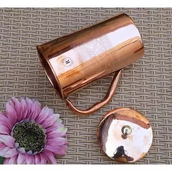 Кувшин из чистой меди - 1 л, ручная работа | с красивой рельефной гравировкой | Медный кувшин с аюрведическими преимуществами для здоровья | Улучшенный вкус воды