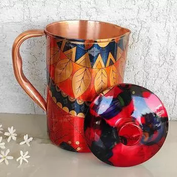 Кувшин из чистой меди с абстрактным принтом красного листа, сервировочная и питьевая посуда, полезен для здоровья, объем - 2000 мл
