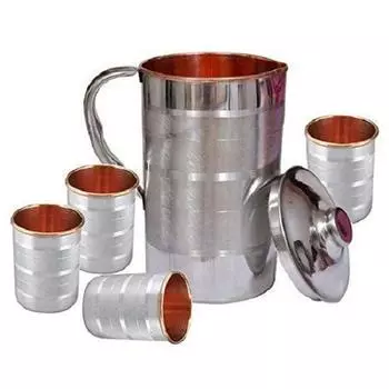 Кувшин ручной работы из чистой меди из стали объемом 1,6 литра с 4 стаканами из медной стали (300 мл каждый) Доказательство утечки