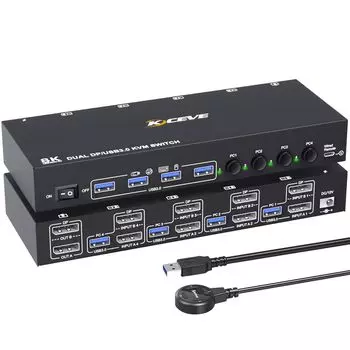 KVM-переключатель на 4 компьютера, 2 монитора, KVM-переключатель на два монитора, 4 компьютера, 2 монитора и 4 порта. В комплект входят проводной пульт ДУ и USB-кабель.