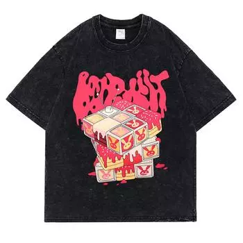 Квадратная антенна Кролик Выстиранная Ретро Снежная Футболка Мужская Мода Свободная Футболка Одежда Креативность Летняя Футболка Хлопковые Топы S