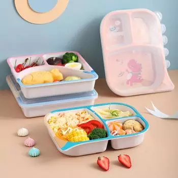 Квадратная детская посуда из бамбукового волокна с крышкой, детская тарелка-сетка с рисунком динозавра, тарелка для кормления