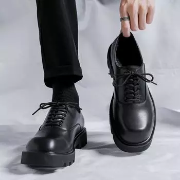 Квадратная Голова Кожаные Туфли Мужские Корейские Нишевые Туфли Мужские Кожаные Туфли Tide British Leisure Will Drop Height Derby Туфли 5665-R 39 чёрный