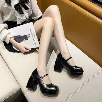 Квадратная голова слово с высоким каблуком импортная торговля большой размер одиночные туфли женские 2025 новая мода толстый каблук маленькая кожаная обувь производитель 35 чёрный