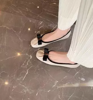 ~ Квадратная головка бант плоские балетки женские одинарные туфли леди обувь осень 34 чёрный