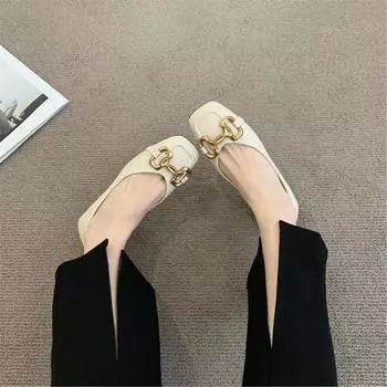 Квадратная головка неглубокий носок одиночные туфли женские 2025 осень корейская версия мода металлическая пряжка мягкая подошва покрытие стопы туфли на плоской подошве обувь Doudou 35