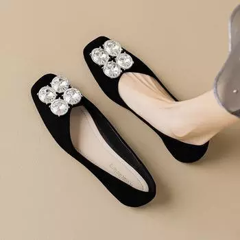 Квадратная головка одиночные туфли женские летние стразы сотня с ногой стремена коммутационные плоские туфли большой размер женская обувь 34 чёрный