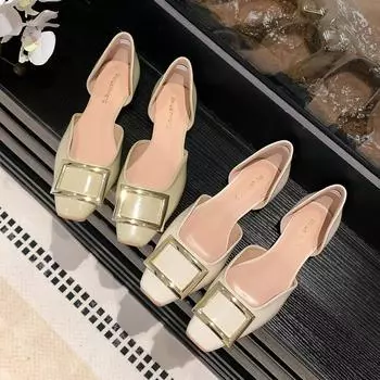 Квадратная головка одиночные туфли женские плоские летние неглубокие горлышки полые стремя одна нога сказочный ветер бабушкины туфли 35 абрикосовый