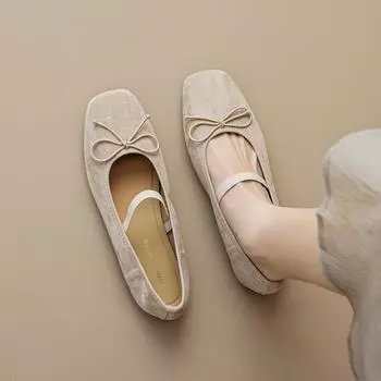 Квадратная головка одиночные туфли женские плоские ретро одно слово с неглубоким ртом бант балетки мягкая подошва 35 абрикосовый