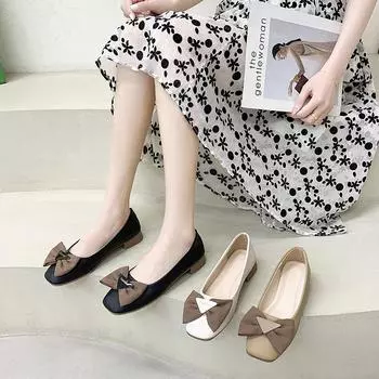 Квадратная головка одиночные туфли женские с одной педалью неглубокий носок женские туфли 2025 осень новый поздний вечерний ветер французский бант женские шапочки туфли 35 хаки