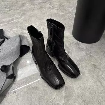 Квадратная головка ретро узкие ботинки короткие ботинки женские толстые каблуки маленькие ботильоны британские ботинки Martin одинарные ботинки 35 чёрный
