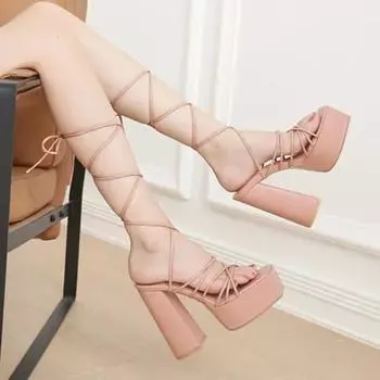 Квадратная головка с открытым носком на платформе 5 см женские гладиаторские туфли с тонкими ремешками и толстыми высокими каблуками для вечеринок на пилоне сандалии 35