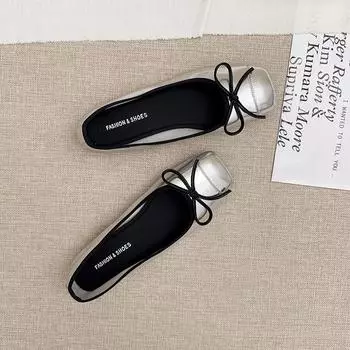 Квадратная головка светлый рот одиночные туфли женские летние 2024 плоский носок бант мягкая подошва мягкая поверхность бабушки туфли одна педаль серебристый женские туфли 35