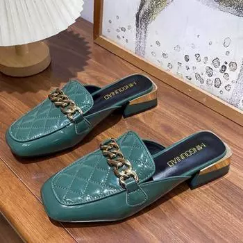 Квадратная головка тапочки на низком каблуке Весна Новые Baotou Deep Mouth Металлическая цепь Мягкая подошва Противоскользящие износостойкие сандалии 35