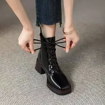 Квадратная головка толстого каблука нишевая универсальная обувь Martin женские осенне-зимние ботинки 2024 новые одинарные ботинки на шнуровке французские короткие ботинки на высоком каблуке 35 коричневый