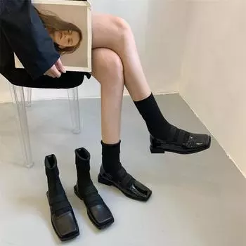 квадратная головка толстый низкий каблук короткие сапоги модные и универсальные модные сапоги женские сапоги в иностранном стиле маленькие короткие сапоги персонализированные носки сапоги 35 матовый черный
