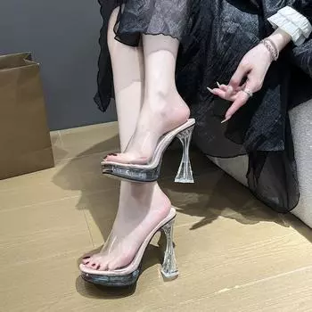 Квадратная головка водонепроницаемый стол мода 2024 лето новый прозрачный ремень толстый каблук супер высокий каблук повседневные модные сандалии женские тапочки 34 чёрный