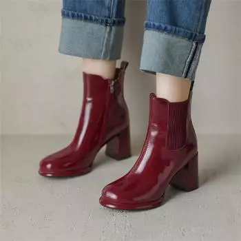 Квадратная головка высокие каблуки короткие сапоги женские туфли бархатные новые толстые каблуки сапоги Martin модные мягкие лакированные короткие трубчатые сапоги модные 35