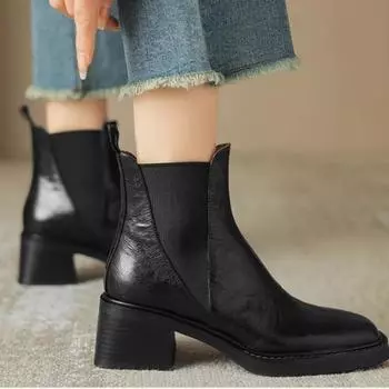 Квадратная головка женские осенне-зимние новые высококачественные нишевые толстые каблуки супер огненные высокие сапоги 35