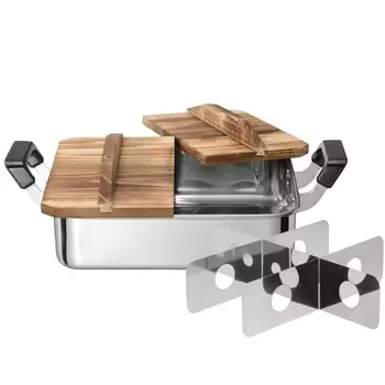 Квадратная кастрюля Oden Wahei Freiz из нержавеющей стали 24 x 28 см 4,8 л для газового огня с деревянной крышкой Umiya RB-3261