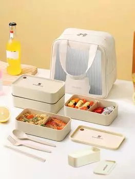 Квадратная коробка для бенто с термосумкой и соусницей, герметичная герметичная коробка для ланча, переносные контейнеры для фруктов и еды для детей в микроволновой печи
