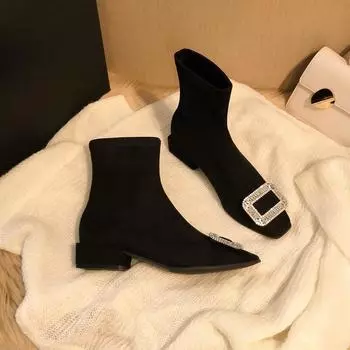 Квадратная пряжка стразы эластичные носки сапоги женские низкий каблук толстый каблук черный квадратный носок короткие сапоги женские замшевые тонкие сапоги 35