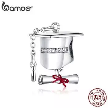 Квадратная шапка бакалавра Bamoer из стерлингового серебра 925 пробы с подвеской-бантом, подходит для оригинального браслета диаметром 3 мм, подарок для студента, ребенка и друга 925 silver