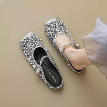 Квадратная туфля женская плоская тапочка женская 35 серебряный