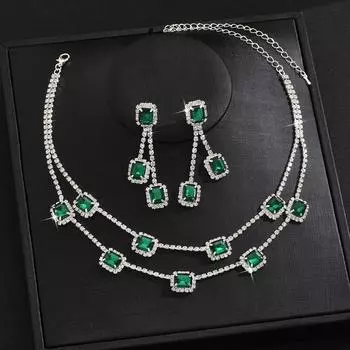 Квадратное двухслойное ожерелье, серьги с бахромой, легкий роскошный свадебный комплект из двух предметов, многоцветный.