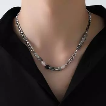 Квадратное фирменное ожерелье из титановой стали с черными и белыми кристаллами - высококачественная универсальная цепочка для свитера