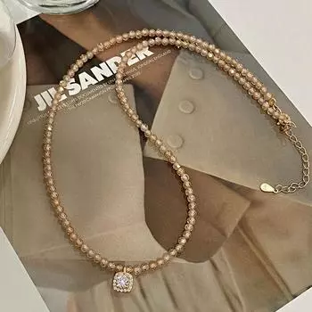 Квадратное ожерелье из золота шампанского с кристаллами, легкая роскошь, высококачественная, изысканная и модная цепочка-воротник для женщин