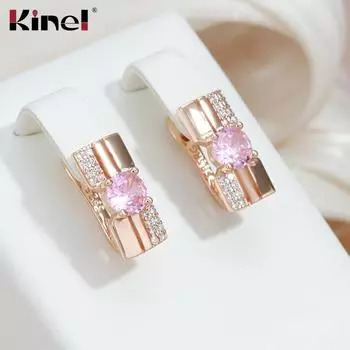 Квадратные английские серьги Kinel с розовым цирконом для женщин розового золота