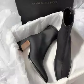 Квадратные ботильоны, осенние удобные ботинки из мягкой кожи на высоком каблуке, женская модная женская обувь на молнии, простая темпераментная женская обувь 35