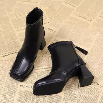 Квадратные ботильоны, осенние удобные ботинки из мягкой кожи на высоком каблуке, женская модная женская обувь на молнии, простая темпераментная женская обувь 35 чёрный