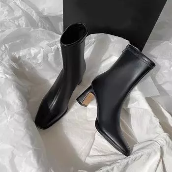 Квадратные ботильоны, осенние удобные ботинки из мягкой кожи на высоком каблуке, женская модная женская обувь на молнии, простая темпераментная женская обувь 40 чёрный