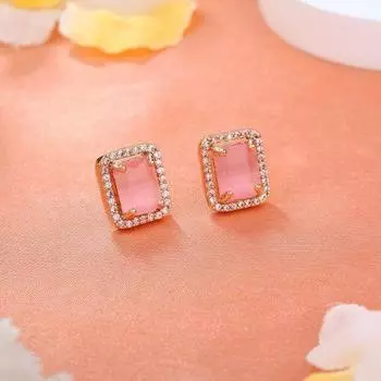 Квадратные дизайнерские серьги-гвоздики Estele с покрытием из розового золота и мятно-розовыми камнями для женщин