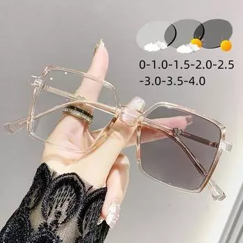 Квадратные фотохромные очки для близорукости с блокировкой синего света, с увеличенной оправой, меняющие цвет очки для близорукости, очки для защиты глаз 0 черный серый