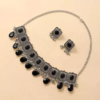 Квадратные капли воды, популярные ювелирные изделия, ретро-этническое ожерелье с драгоценными камнями, серьги с бахромой, комплект из двух предметов синий