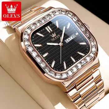 Квадратные кварцевые часы для мужчин, роскошные наручные часы из нержавеющей стали с бриллиантами и простым циферблатом Nautilus Series для мужчин, новые чёрный/ярко-розовый