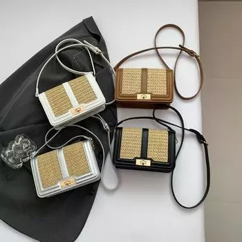 Квадратные летние соломенные плетеные сумки-клатчи для женщин, сумки через плечо, повседневные пляжные сумки-мессенджеры из ротанга для путешествий 19x6x13cm коричневый