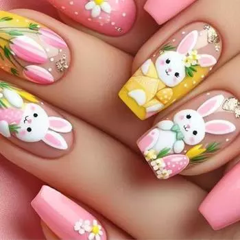 Квадратные накладные ногти, накладные ногти, пасхальные накладные ногти, искусственные акриловые ногти, 24 шт., накладные ногти для женщин и девочек