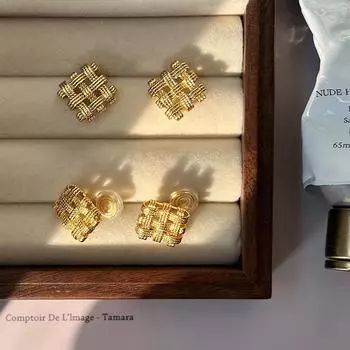 Квадратные плетеные серьги-гвоздики Femininity Niche Design Sense Metal Plaid Grid Square Earrings