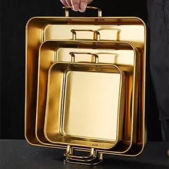 Квадратные подносы для хранения продуктов из нержавеющей стали с ручкой, сковорода для закусок «Тирамису», кухонная тарелка для фруктов и овощей, плоское блюдо для барбекю