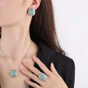 Квадратные полные бриллиантовые циркониевые серьги-гвоздики женские полые Параиба ожерелье кулон имитация комплект ювелирных изделий ретро кольцо