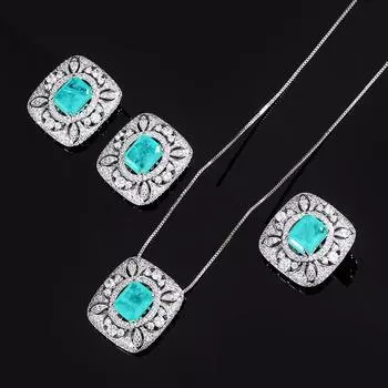 Квадратные серьги-гвоздики с полным бриллиантом и цирконием, женское полое ожерелье Параиба, кулон, имитация комплекта ювелирных изделий в стиле ретро